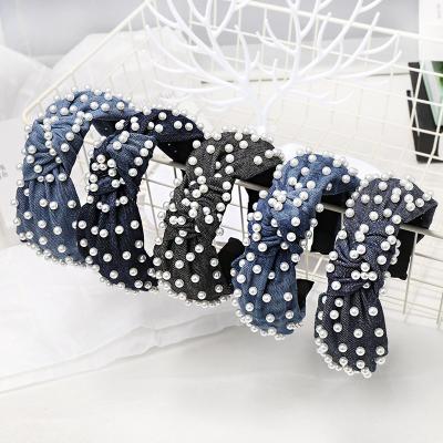 China Wholesale simple wide edge knotted denim pearl headband RARA women's fashion women's hair accessories fabric for sale