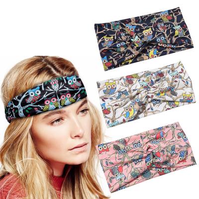 China Girl Cartoon Animal Owl Print Gym Sport Turban Makeup Elastic Headbands Hair Band RARA Designer Fitness Elastic Hair Bands New for sale