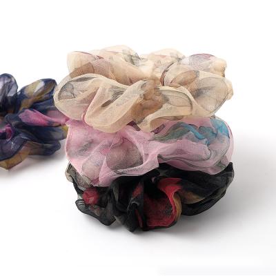 China RARA Women Hair Scrunchies Wholesale Women Hair Ties Floral Print Rainbow Colors Ponytail Organza Yarn Soft Scrunchies for sale