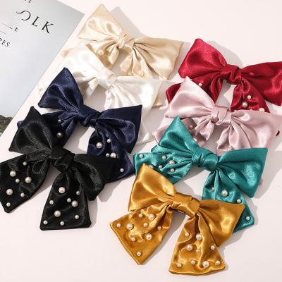 China RARA Fabric New Arrival Women Hair Accessories Spring Simple Satin Bowknot Pearl Hair Clips for sale