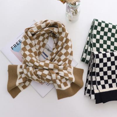 China Hot Selling INS Pattern Women Girls Knitting Shawls Autumn Winter Knitted Scarf Cotton RARA Fashion Checkboard for sale