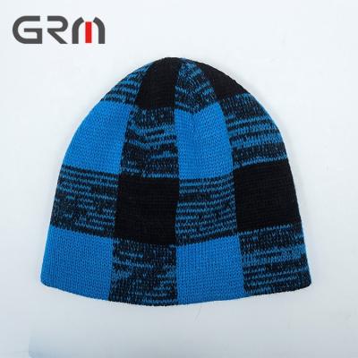 China COMMON 100% Acrylic Blue Black Skullcap Custom Two Tone Mixed Jacquard Checked For Man for sale