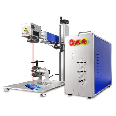 China Portable Fiber Laser Marking Machine With Rotary Complimentary Worktable Rotating Head and Fixture Laser tube RECI 20w 30W for sale