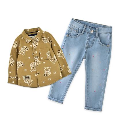 China New Compressed Style Autumn Boys Cartoon Printing Long Sleeve T-shirt And Jeans Pants 2 Pieces Clothing Set For Kids for sale