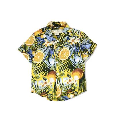 China Anti-shrink style shorts hot sleeve kids 2022 summer cartoon leaves fruit printing top kids shirt boys holiday lapel fancy shirt for boys for sale