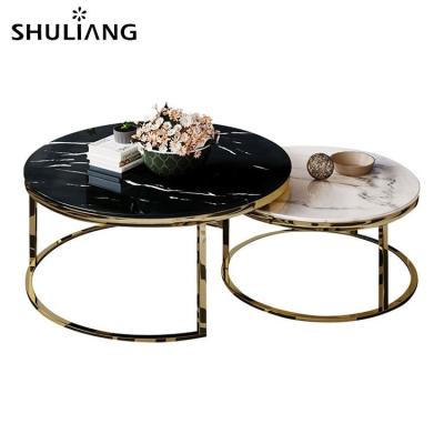 China Modern Design Italy Sellable Round Table Set Contemporary Modern Furniture Gold Copper Metal Marble Nesting Coffee Table for sale