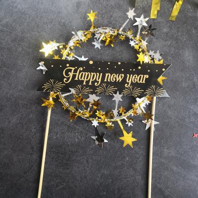 China 2021 New Year's Eve Baking Cake Decoration Black Gold Series New Year's Flag Inserting Decoration New Year's Plug-in Dress Dress for sale