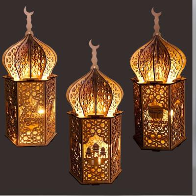 China 100% Ramadan Decoration Wooden Crafts Eco-friendly Eid Mubarak LED Lighting Removable Cavity Muslim Desktop Ornaments for sale