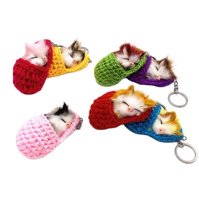 China Faux Fur Ball Pompom Chains Cute Kitten Handmade Woven Fluffy Key Chains Lovely Sleeping Fur Cat Pompom Keychains Faux Rabbit For Women Girls Bag Keyfob for sale