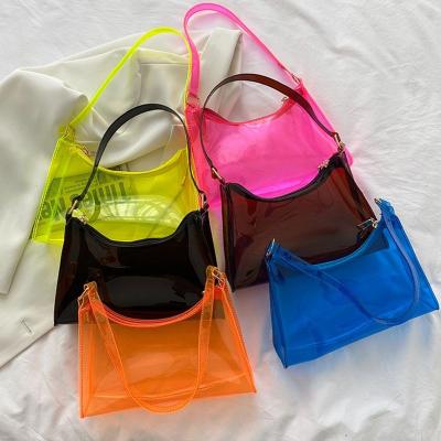 China 2021 Fashion Summer Trending RTS Clear PVC Tote Handbags For Women Ladies Fluorescent Shoulder Armpit Bags Transparent Jelly Purse for sale