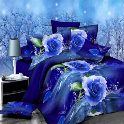 China Nondisposable Full Queen Size 3D Floral Print Bedroom 4 Pcs Comforter Bedding Set,Blue Rose Printed Duvet Cover Sets for sale