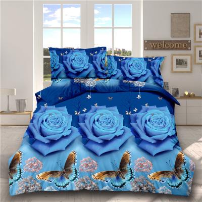 China Print Nondisposable Blue Polyester 3D Rose Quilting Comforter Bedding Set, Natural Floral Printed Bedroom Bedding Sets for sale