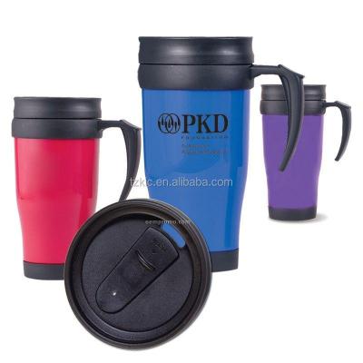 China Sustainable 12oz EXECUTIVE PLASTIC TRAVEL INSULATED AUTO MUG WITH DRINK BY THUMB ZIPPER LID for sale