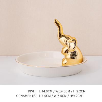 China Minimalist Gold Elephant Jewelry Box Tray Display White Ceramic Ring Holder Dish for sale