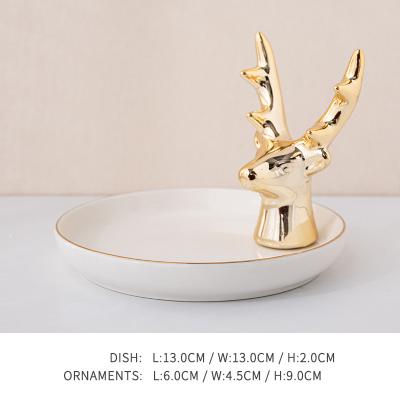 China Deer Jewelry Tray Display White Ceramic Ring Minimalist Gold Ceramic Dish for sale