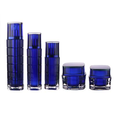 China Square Lotion Cosmetic Bottle Plastic Blue Cream Cosmetic Jars Set Acrylic Bottle And Jar for sale