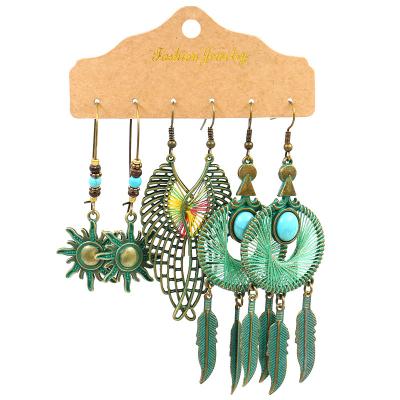 China 3 sets of tassel earrings 2022 hot retro earrings 3pcs/set Bohemia metal feather earring set hand knit earrings for women for sale