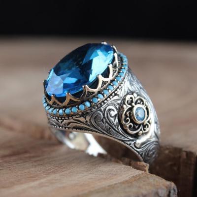 China Wholesale Neo-Gothic Stainless Steel Men's Big Blue Engraved Natural Stone Rings for sale