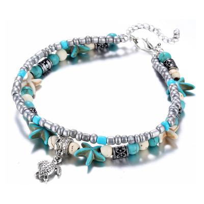 China BOHEMIA Retro Turquoise Double Starfish Tortoise Starfish Anklets Women Stainless Steel Plating Anklets Body Jewelry Hawaii Sun Beach for sale