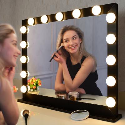 China Hollywood Mirror Table Lighted Black Decor 15 Led Lights Wall Mounted Vanity Makeup Mirror With Bulbs for sale