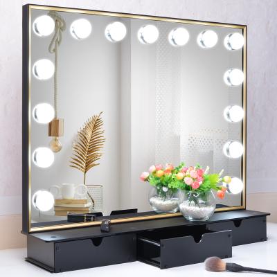 China BEAUTME Large Lighted Table Top Led Lighted Girl 12 Led Bulbs Makeup Vanity Hollywood Mirror With Brush Box for sale