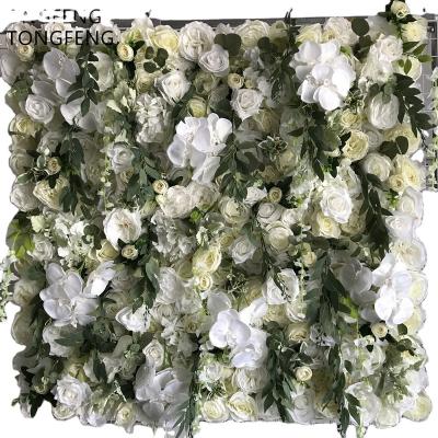 China TONGFENG 4ft*8ft 3D White Flower Head Roll Up Flower Wall Wedding Party Backdrop Decor Artificial Silk Flower Wall Vegetation Panel for sale