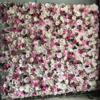 China Wholesale Custom 3D Pink Flower Head Roll Up Decorative Rose Backdrop Silk Artificial Flower Wall Wedding Party Decoration Supplies for sale