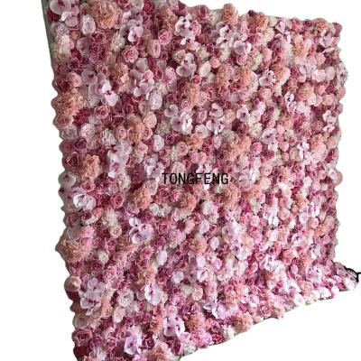 China TONGFENG 4ft*8ft Wedding Party Backdrop Decor Artificial Silk Flower Wall Vegetation Pink 3D Panel Roll Up Flower Wall for sale