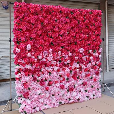 China 3d Roll Up Party Artificial Silk Rose For Wedding Stage Background Flower Wall TONGFENG Gradient Color Decoration 3D Flower Roll Up Wall Faux Panel for sale