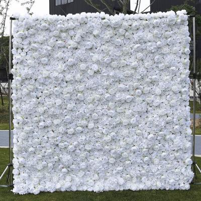 China 3d Roll Up White Artificial Silk Rose Home Wedding Party Backdrop Flower Wall TONGFENG Decoration Dry Flower Fabric 3D Roll Up Wall for sale