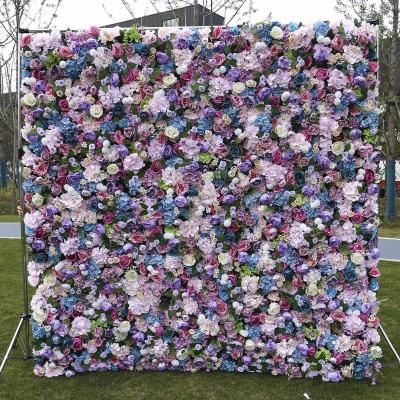 China 3d Roll Up Flower Wall TONGFENG Artificial Silk Peony Purple Rose Home Wedding Party Backdrop Decoration Dried Flower Fabric 3D Roll Up Wall for sale