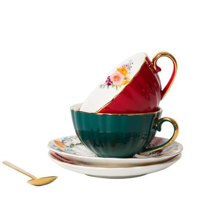 China Viable Ceramic Bone China Light Luxury European Coffee Cup and Saucer Set Retro Flower Tea Pull Flower Cup Wedding Gift Box for sale