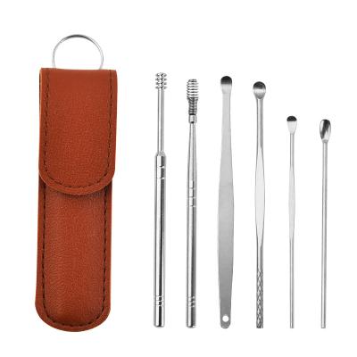 China Ear Wax Cleaner Professional Stainless Steel 6 in 1 Ear Spoon Harvester Set in PU Bag for sale