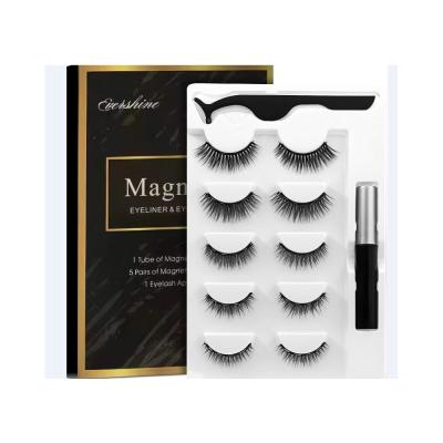 China Long Natural Private Label Paris 3D Magnetic Eye Natural Fake Long 5 Lashes With Liquid for sale