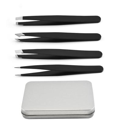 China Custom Stainless Steel 96CM Eyebrow 4 In 1 Black Eyebrow Tweezers Set With Tin Metal Case for sale