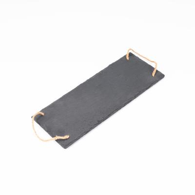 China Sustainable Rectangular Black Natural Stone Food Board Slate Serving Tray Slate With Rope Handle for sale