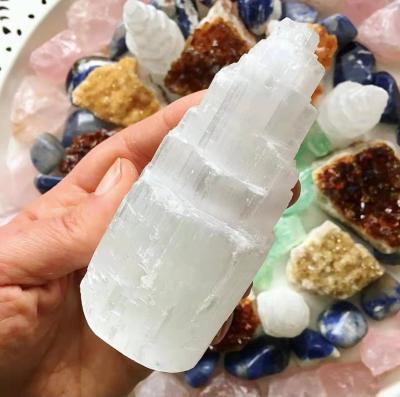 China China Natural Calcium Selenite Gypsum Column Ornaments Hand-carved Gypsum Tower Healing Ornaments for sale