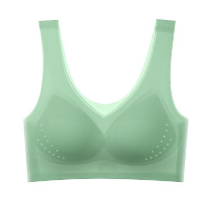 China New Seamless Ice Silk Underwear Women's Large Breast Slim Training Vest Bra Small Without Ring Steel Bra Large Size Nude Feel for sale