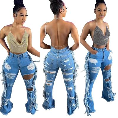 China 2021 summer new breathable style D8436 ripped long fringe washed jeans for sale