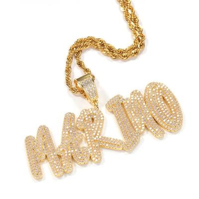 China Hiphop Custom Name Pendant Creative 18K Gold Plated CZ Brass Diamonds Necklace Letter Hitter 2 Layers Bling Cursive Hip Hop Jewelry for sale