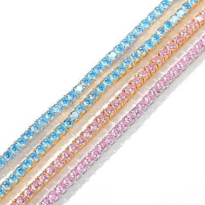 China New 4mm Hiphop Hip Hop Copper Inlaid Transparent Blue Green Pink Zircon Row Necklace Tennis Chain for sale