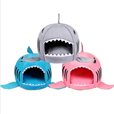 China Sustainable Pet Cage Cave Bed In Indoor Collapsible Luxury Double Canopy Covered House Shark Shape Soft Elevated Nest For Cat Dog for sale