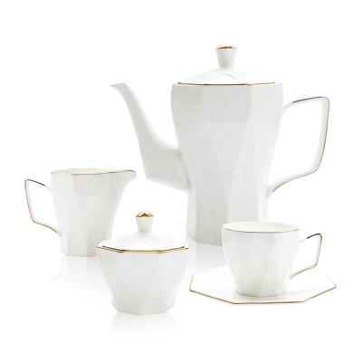 China Custom Gold Octagonal Rim Porcelain Tea And Coffee Set Viable White Ceramic Luxury Shape Tea And Coffee Sets For Wedding for sale