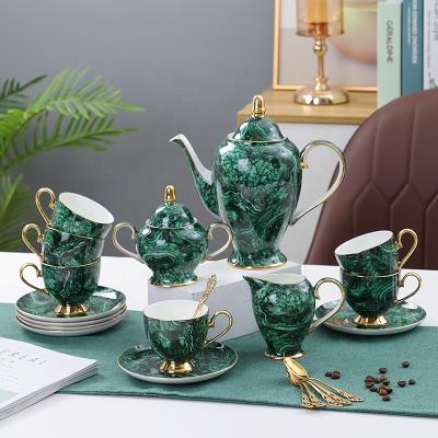 China 15pcs Viable Ethiopian Style Teapot Ceramic Coffee Cup Set Rim Luxury Gold Green Soft Bone China Modern Marble Tea Set For Gift for sale