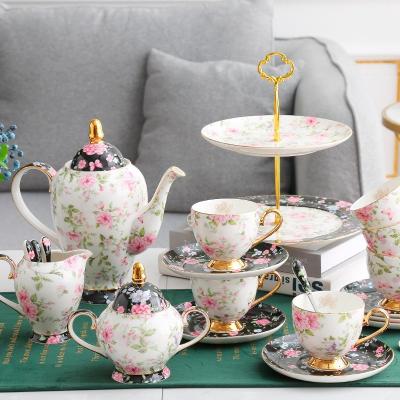 China Viable Luxury European Style Porcelain Tea Set 15pcs English Fine Royal Ceramic Floral Tea Cup Set Bone China Tea Turkish Coffee Set for sale