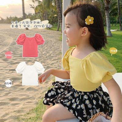 China Summer Breathable Thin Baby T-shirt Sleeve Puff Neck Square Clothing Children's Girls' Loose Top P6232 for sale