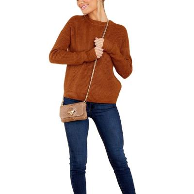 China QUICK DRY Fashion Fitted Sweater Casual Pullover O-Neck With Long Regual Sheath Solid Brown Sweater For Women for sale