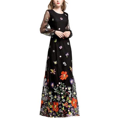 China Newest Design Embroidery Dress Floor Length Anti-Static Mesh Women Dress Summer for sale