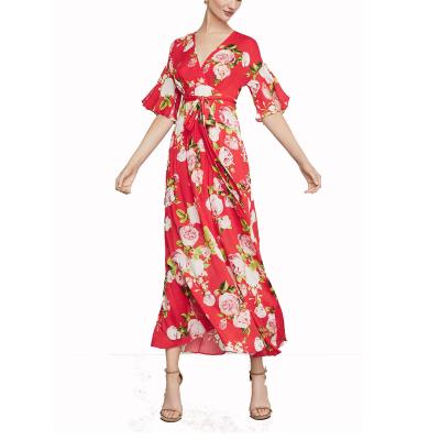 China Anti-static Red Soft Rose Bloom Maxi Printed Design Late Summer Women Dress for sale