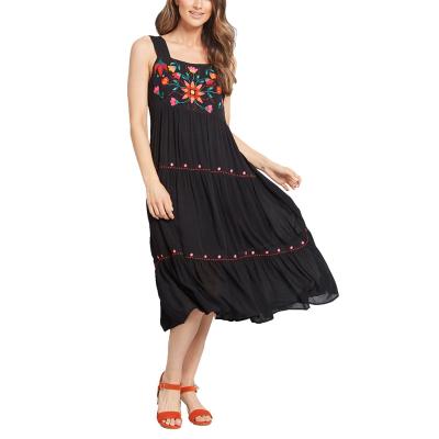 China Anti-wrinkle Fashion Tiered Edge Midi Dress Embroidery Black Sleeveless Lady Dress for sale